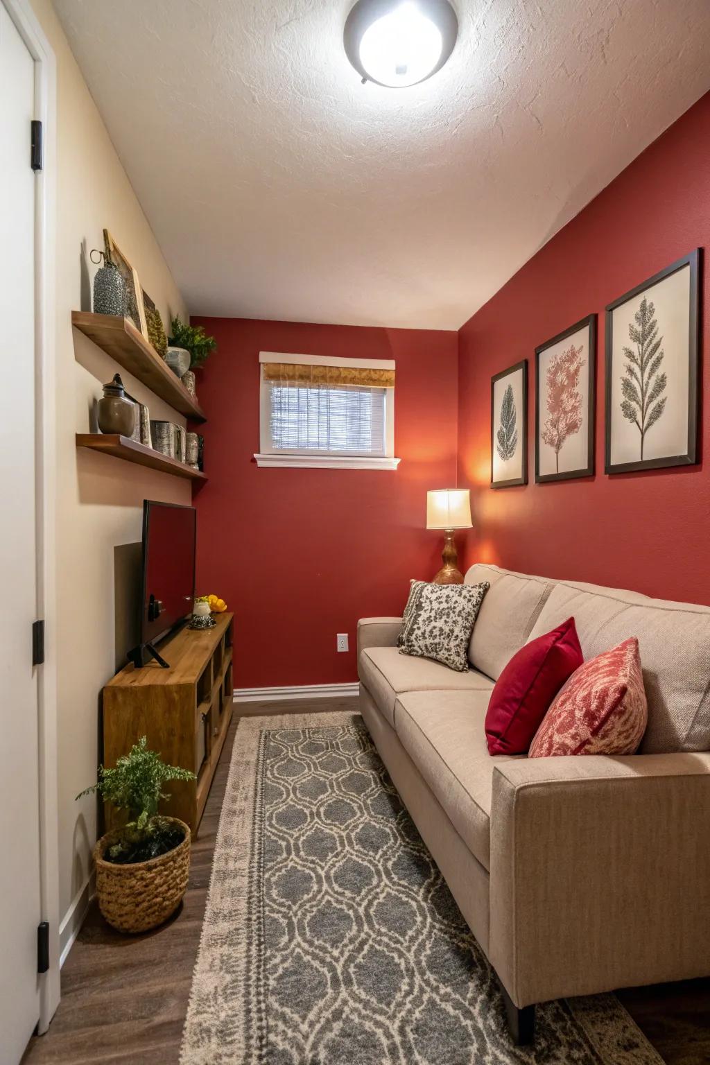 A bold accent wall adds character without overwhelming the space.