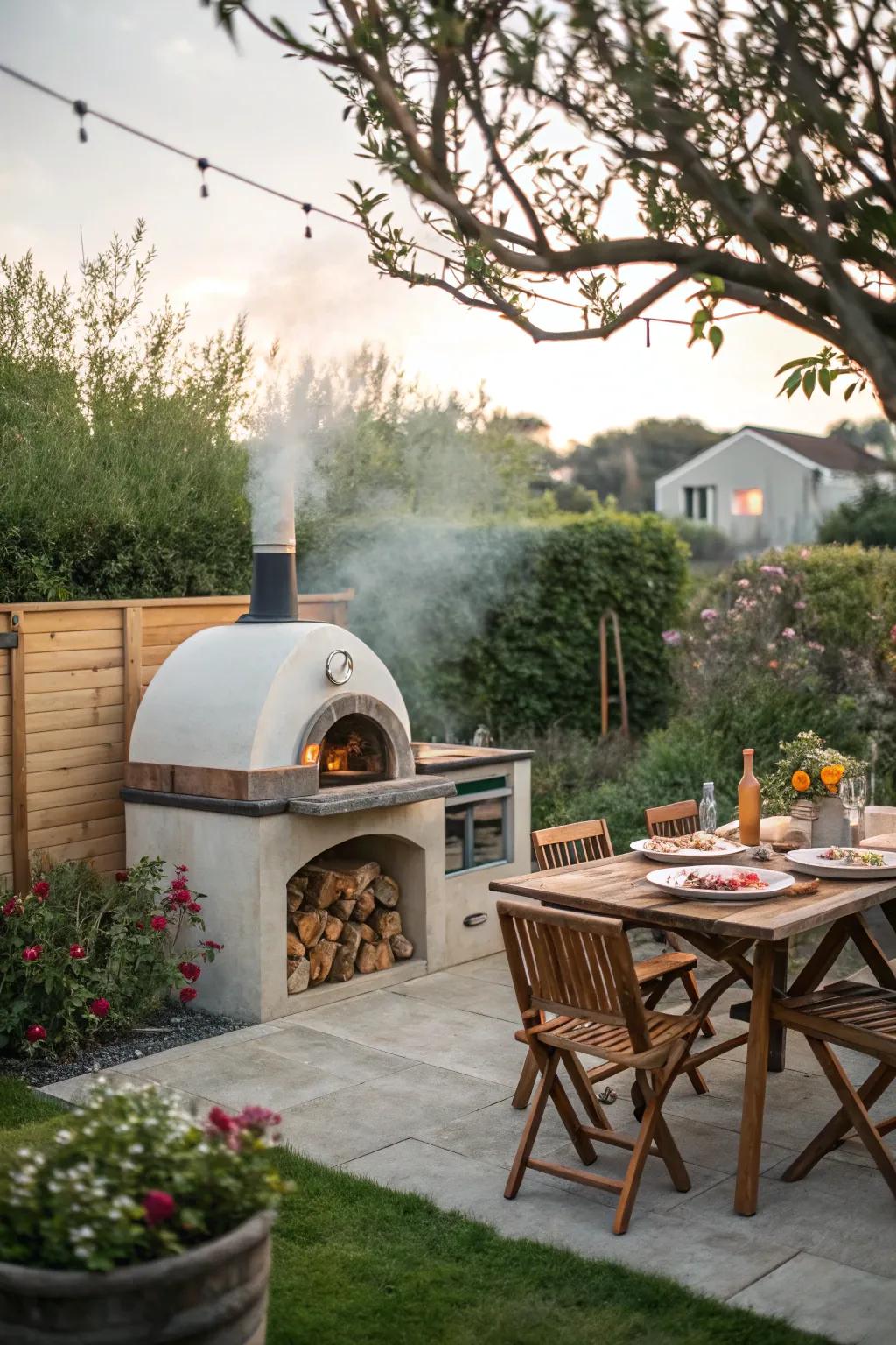 A miniature pizza oven adds fun to your outdoor kitchen.