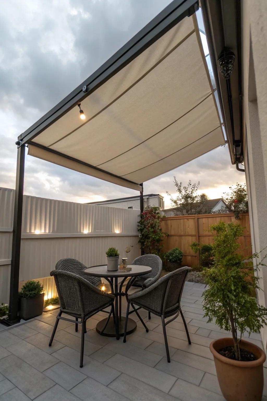 A retractable shade offers flexible sun protection.