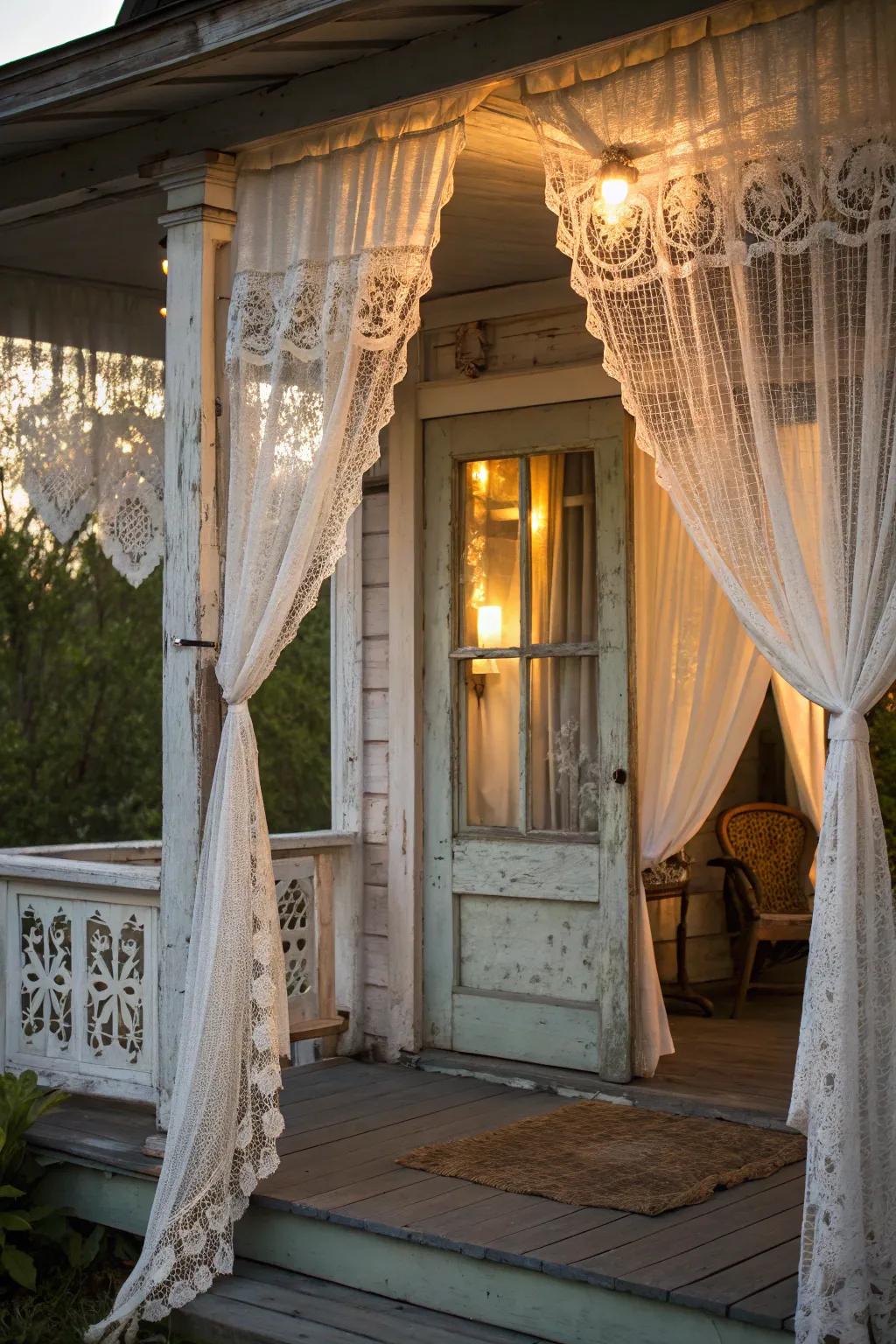 Vintage curtains convey timeless romantic charm to your porch.