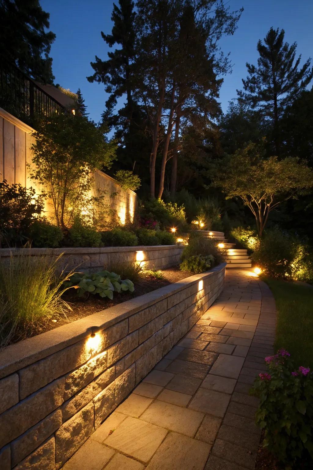 Illumination accents enhance retaining structures for spellbinding evenings.