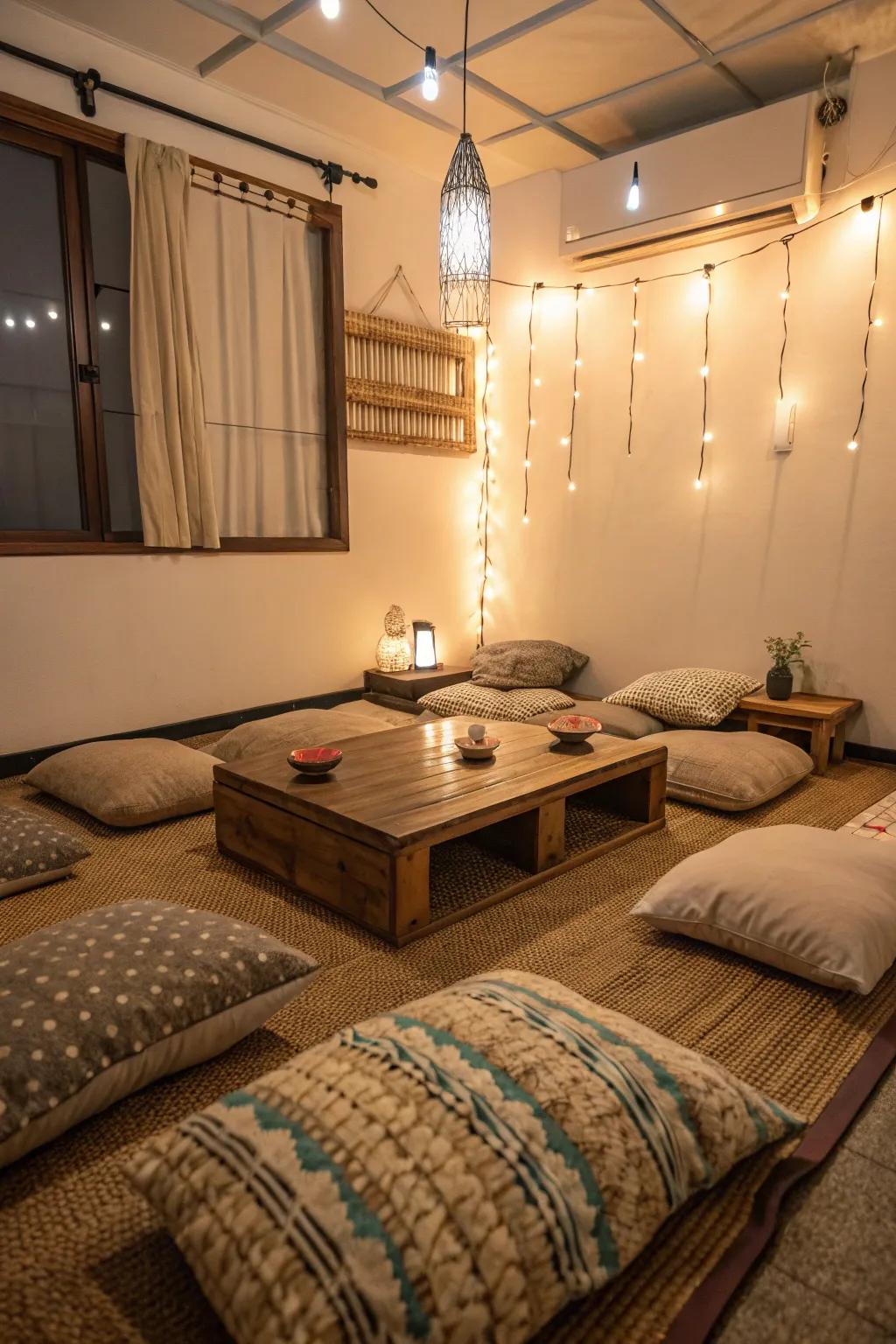 Floor seating encourages a casual and friendly environment perfect for close gatherings.