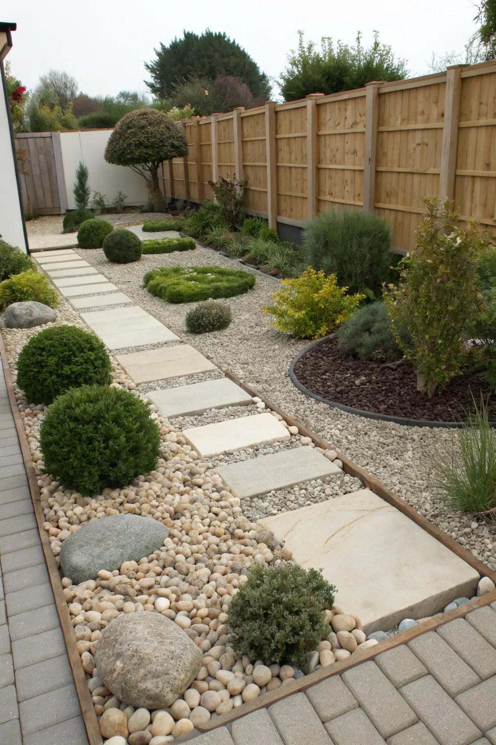 A minimal-upkeep lawn showcasing a pristine rock and gravel design.
