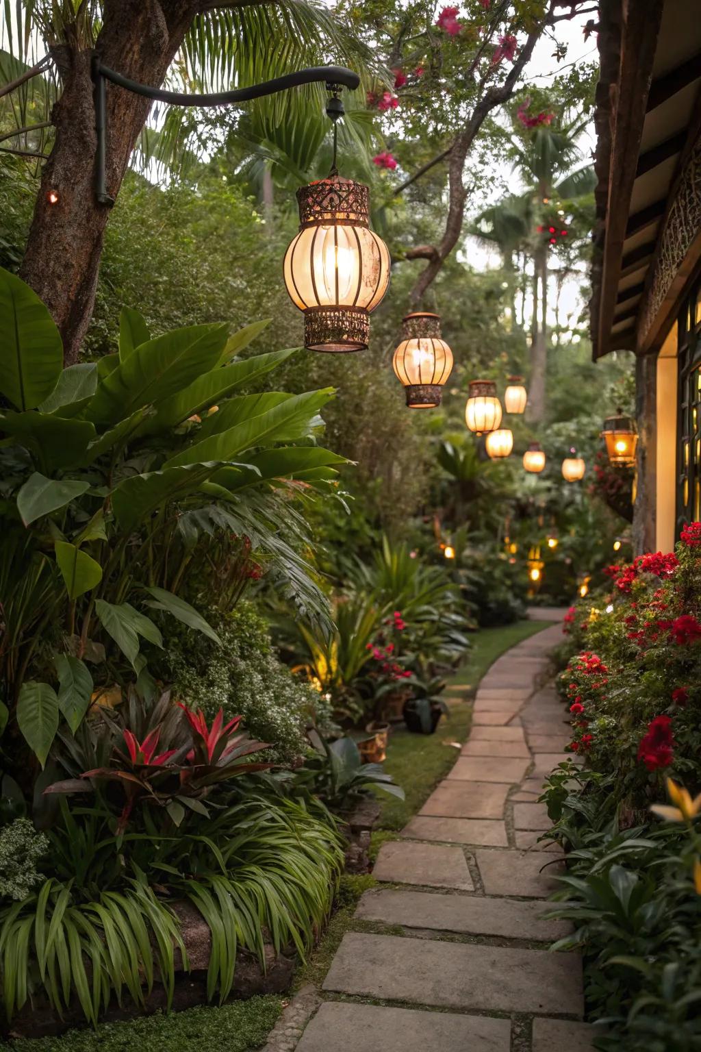 Lanterns inject a magical luminescence into the tropical garden as dusk settles.