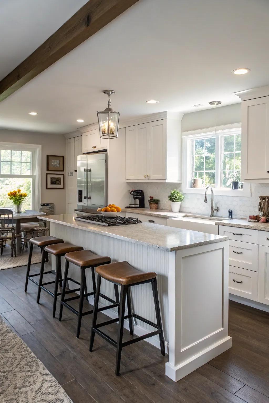 A peninsula adds functionality and flow to this compact kitchen layout.
