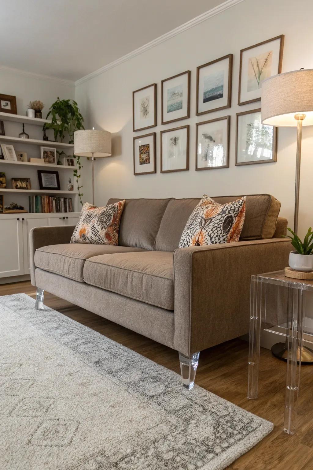 Transparent furniture creates the illusion of more space in a small living room.