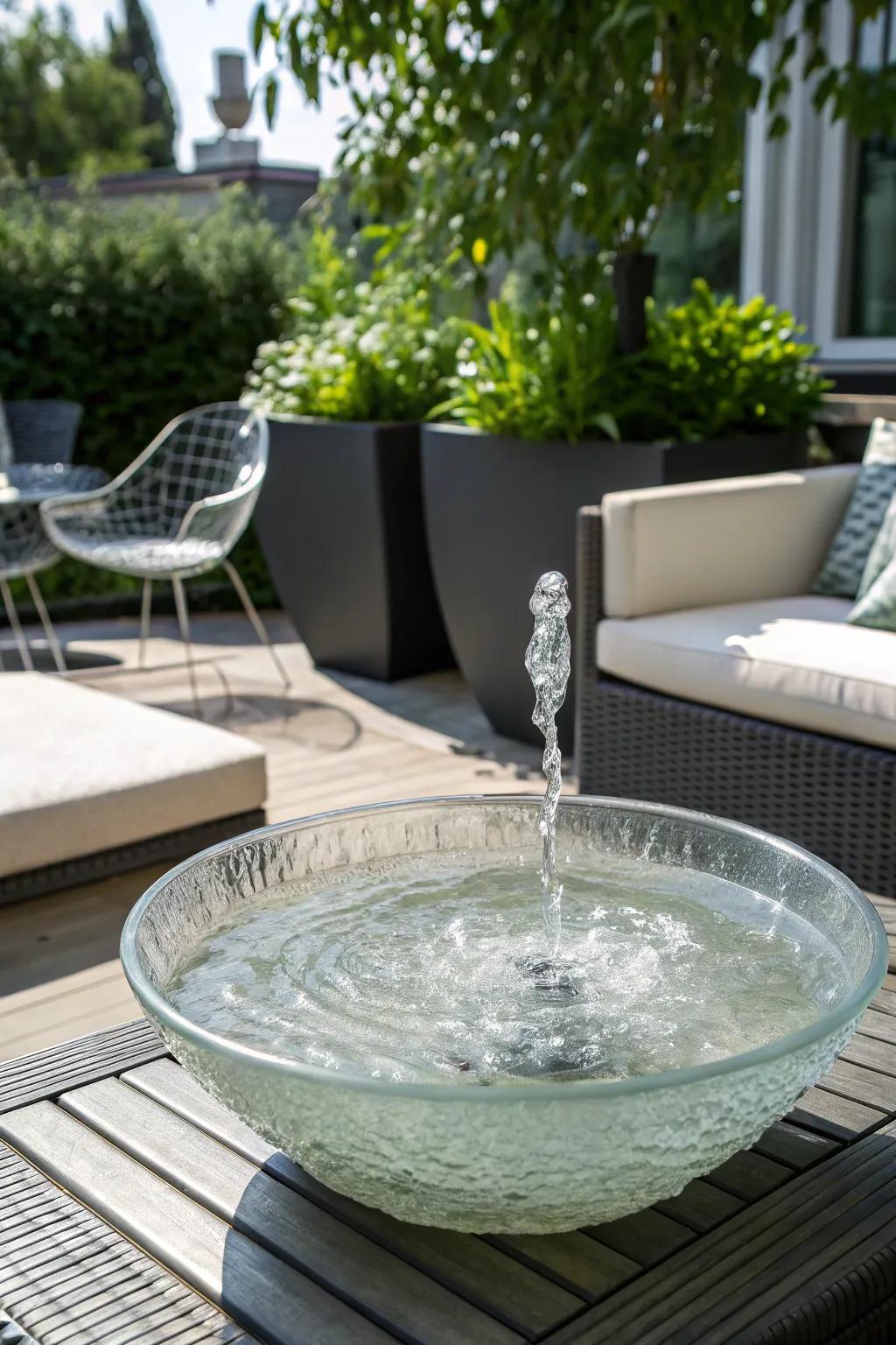 A modern, elegant solar fountain within a transparent glass bowl.