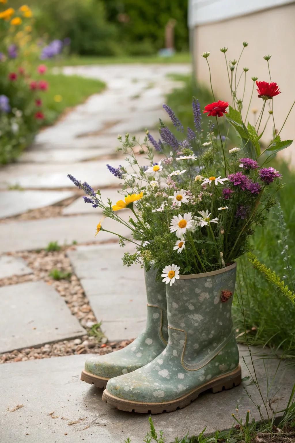 Transform your old rain boots into charming flower planters that spill beauty onto your garden path. 🌸✨