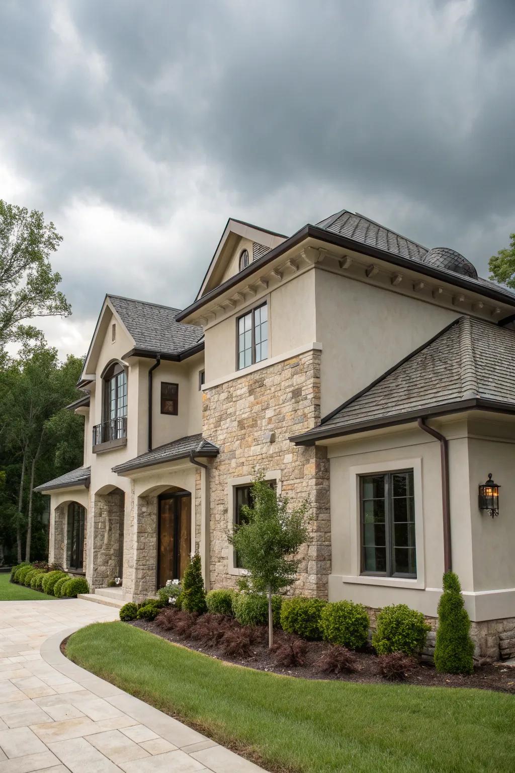 A modern classic house with a mix of stucco and stone.