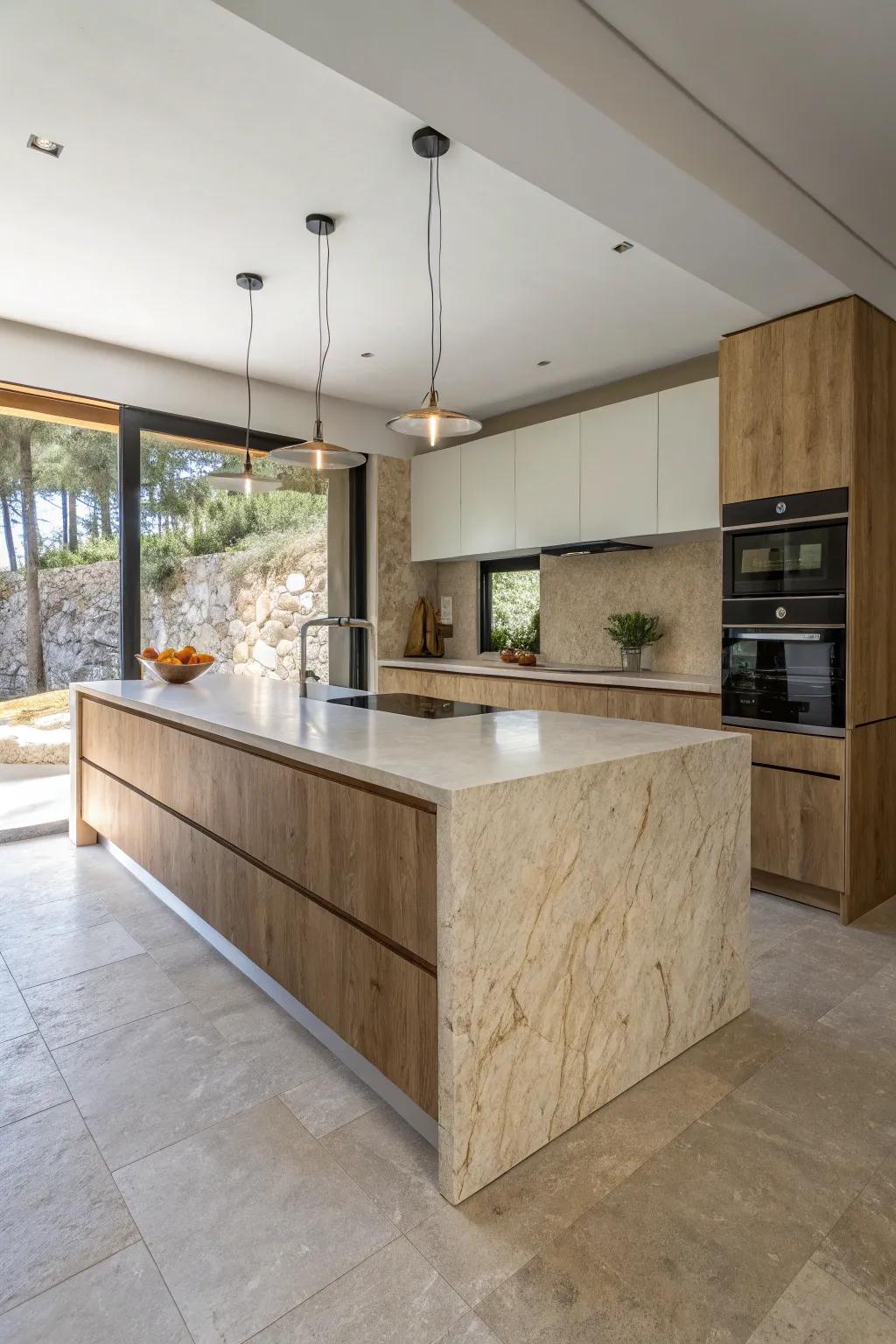 A kitchen island crafted from eco-conscious stone materials.