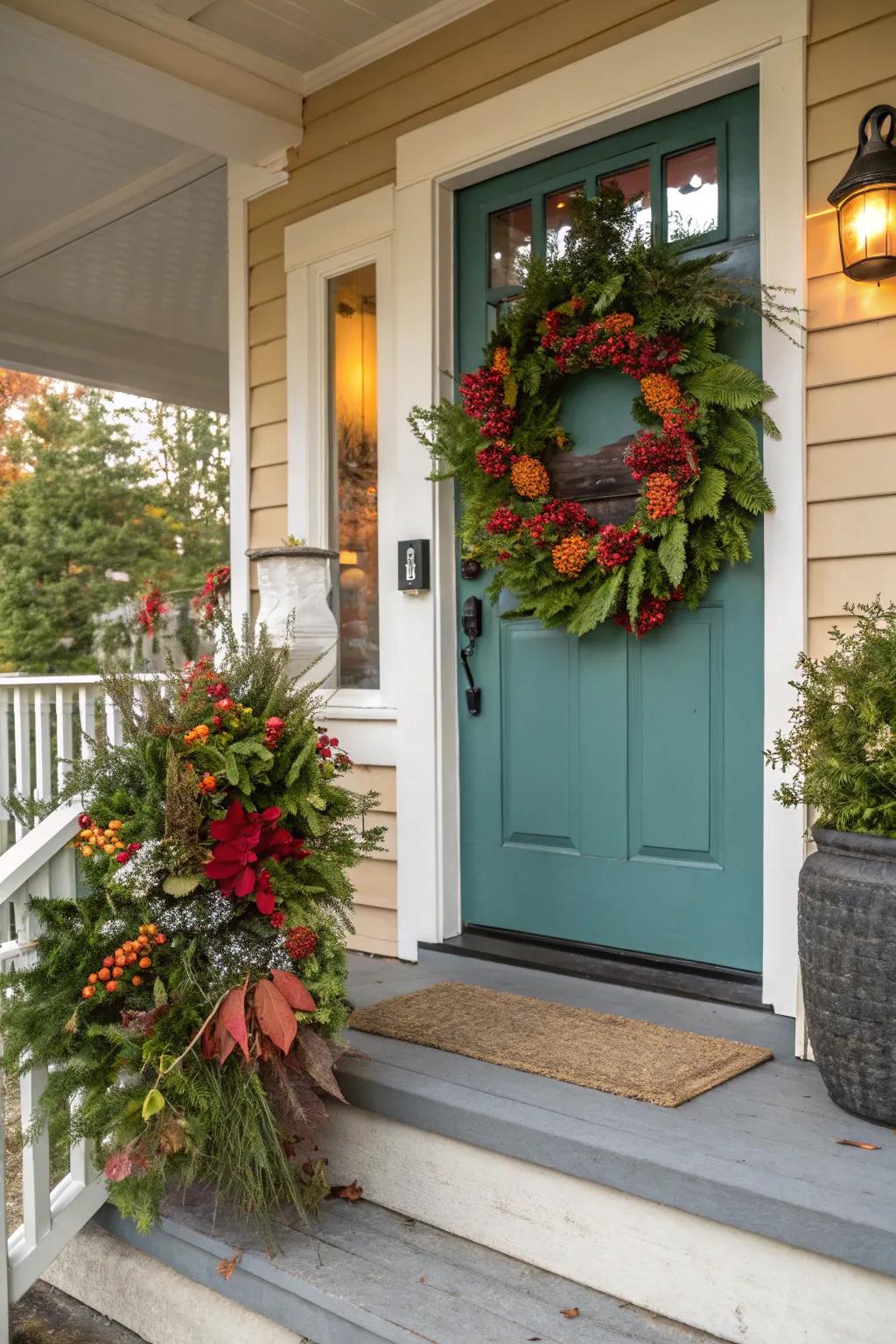 A vibrant wreath infuses seasonal flair into the stoop.