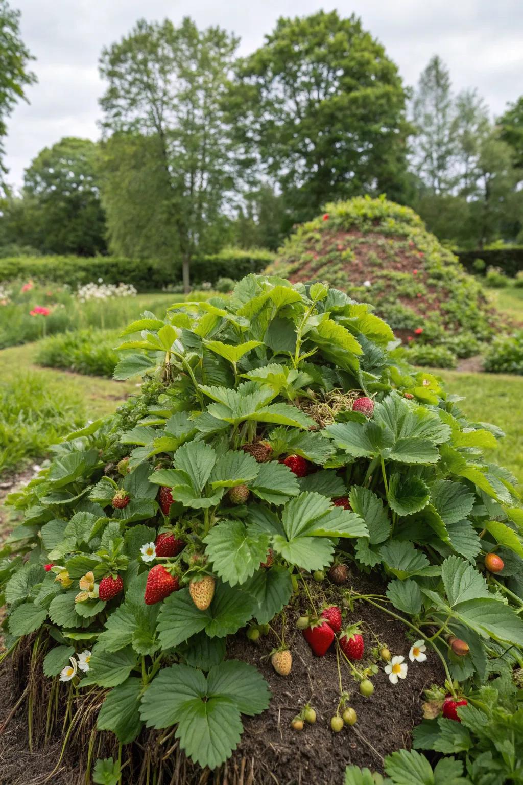 Strawberries flourishing on a hugelkultur mound.