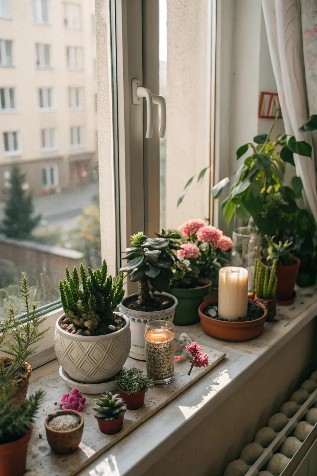 Windowsills provide extra space for decor and greenery.