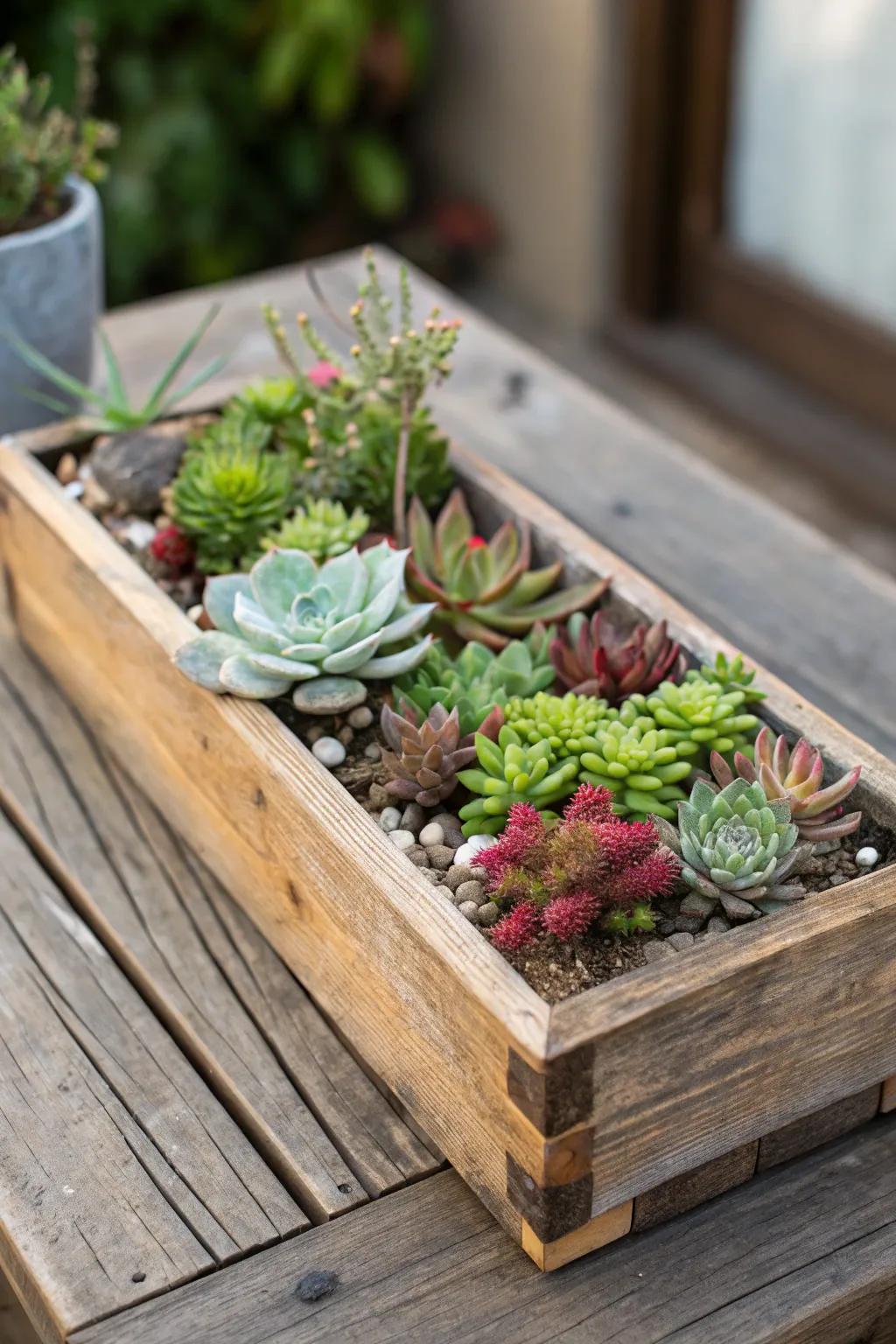 A rustic wooden crate showcasing a vibrant succulent setup.