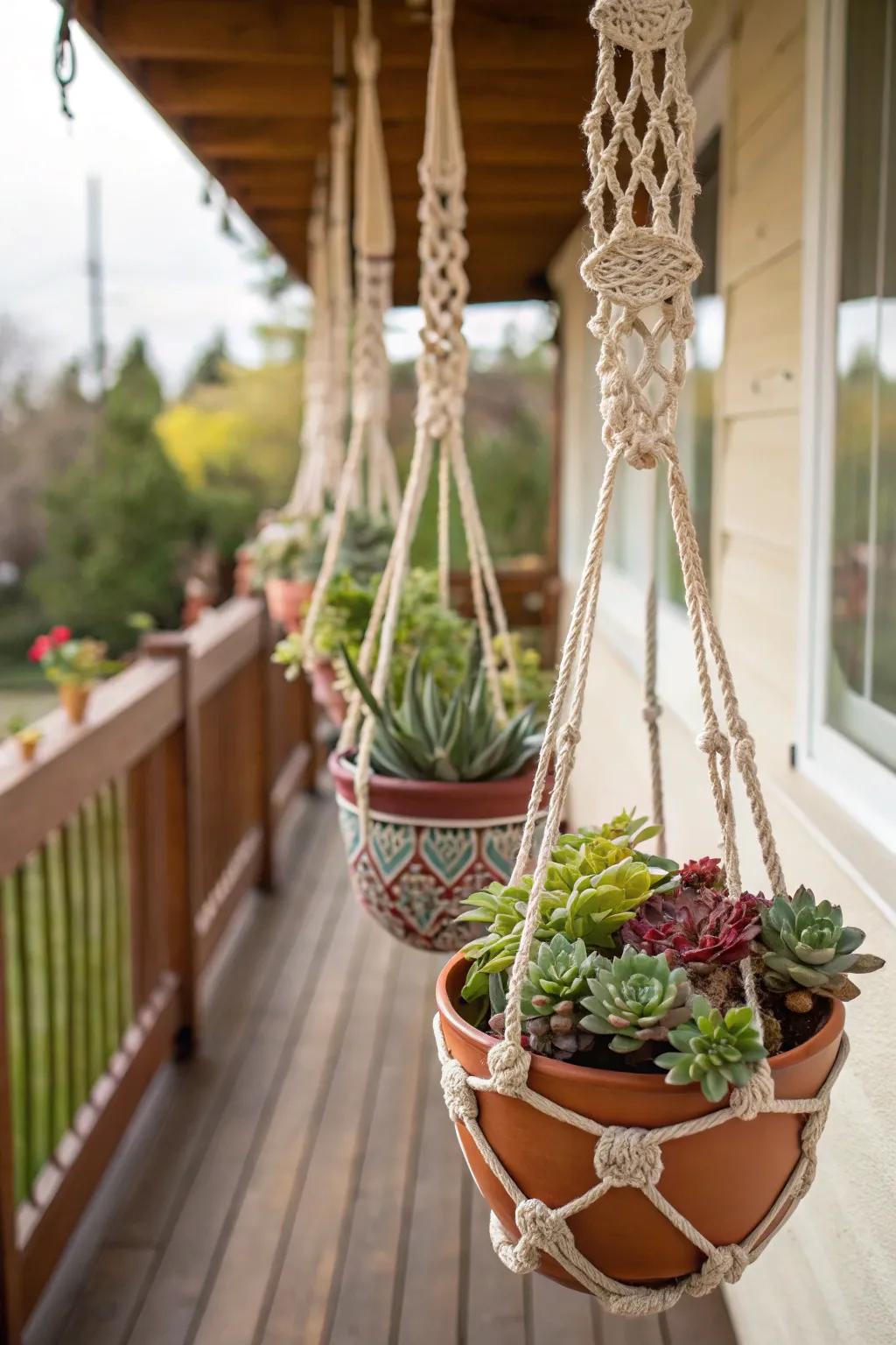 A creative hanging garden with succulents displayed in pots and macramé.