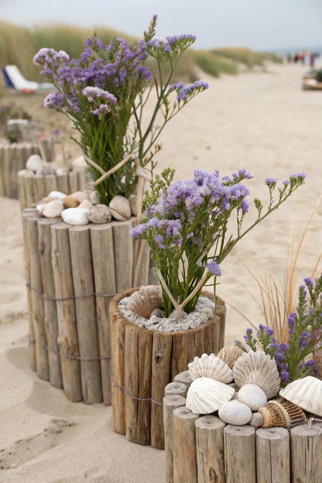 Planters adorned with driftwood and sea lavender