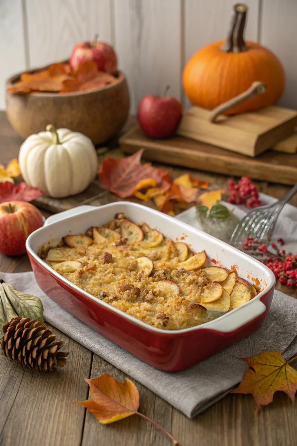 Savory apple and sharp cheese oven-baked dish, a perfect autumn delight.
