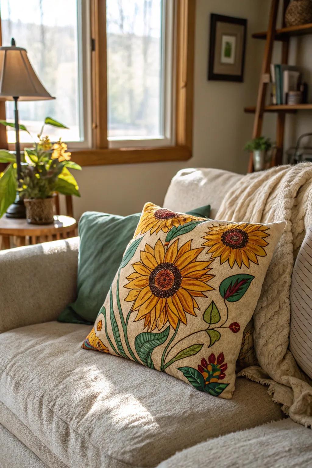 Cozy sunflower throw pillow adding a pop of color.