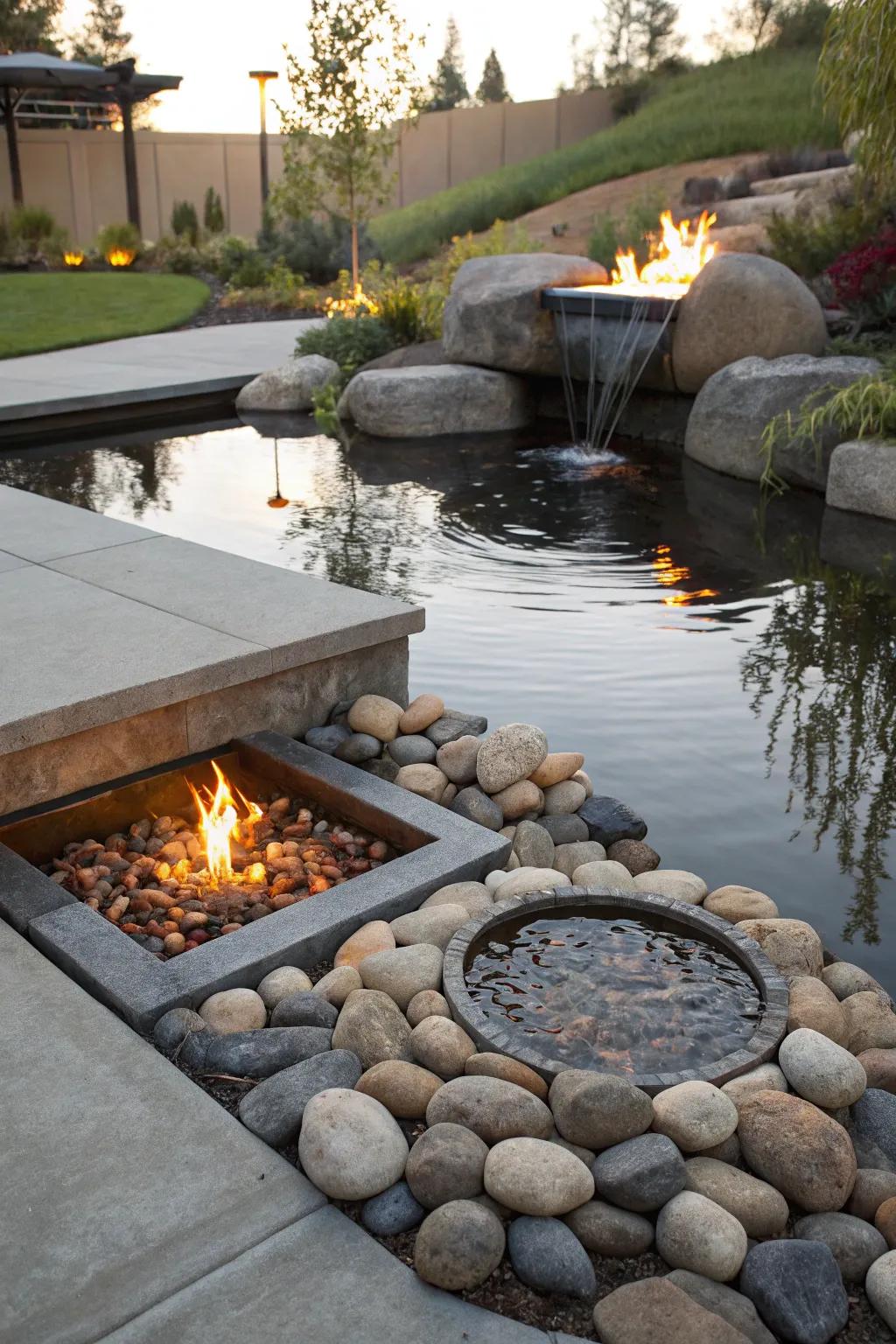 A reflective water function enhances this below-ground fire pit.