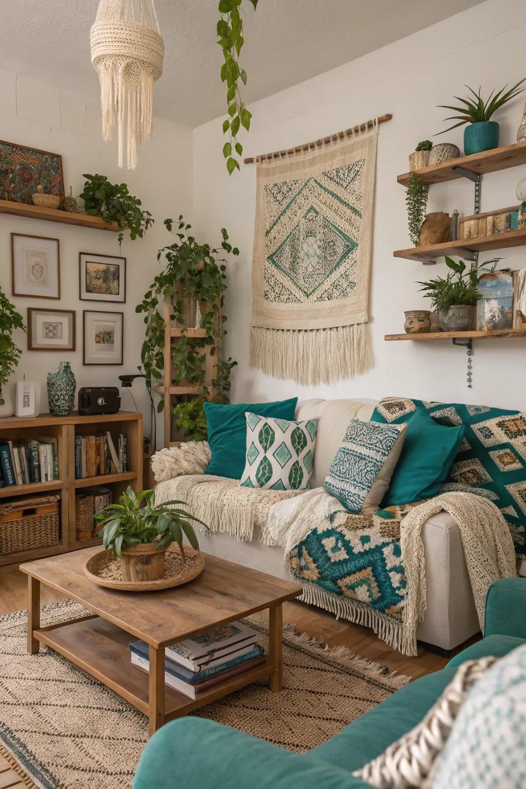 Bohemian style with teal and beige invites creativity.