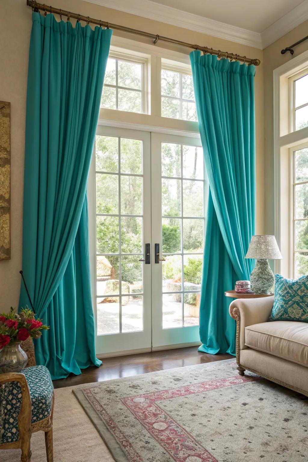 Window covers in teal and turquoise add style and control light well.
