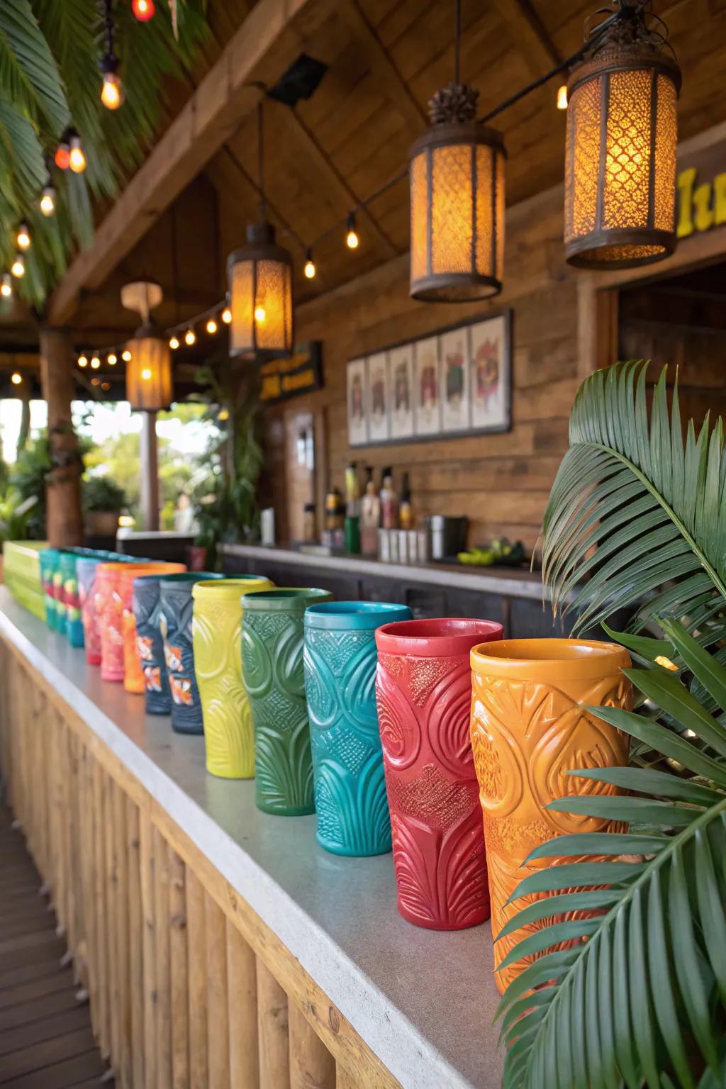 Vibrant glassware adds fun and flair to your tiki bar.