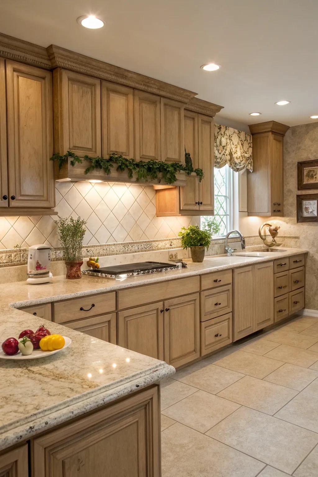 Neutral tiles create a peaceful, zen-inspired kitchen.