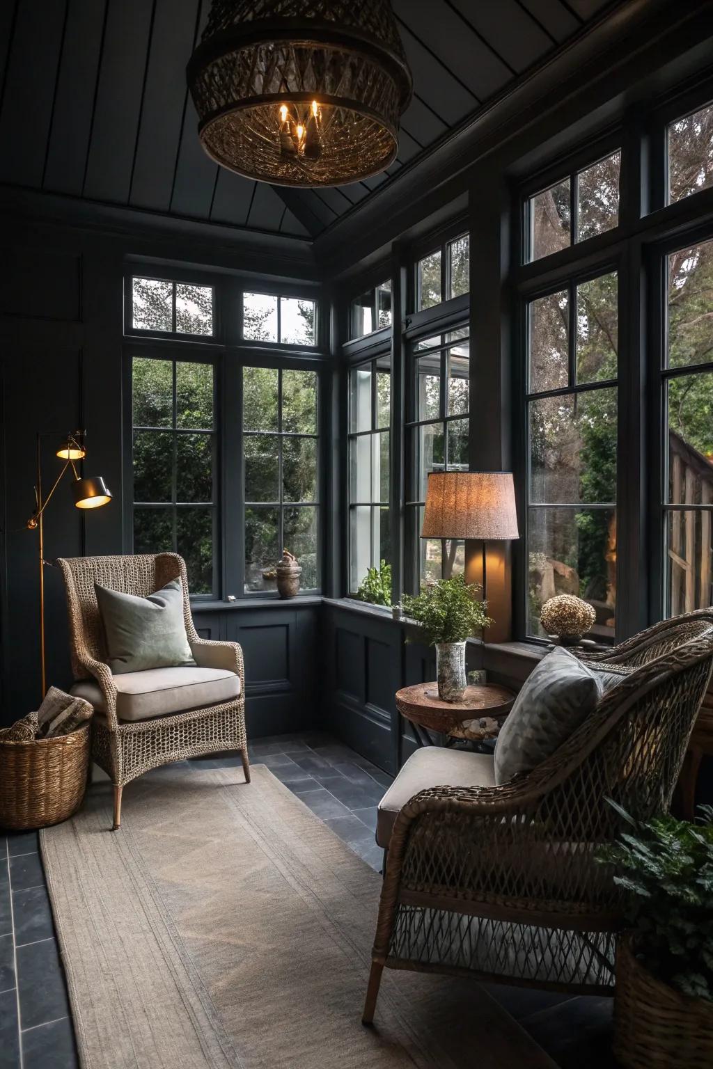 Charcoal walls creating a moody and intimate sunroom atmosphere.