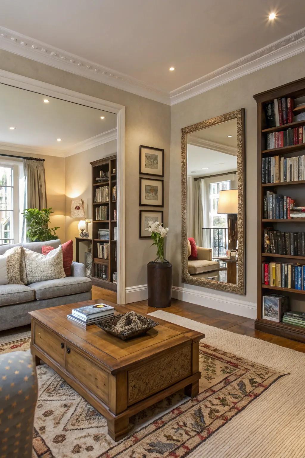 Mirrors add depth and reflect light, enhancing the room's spaciousness.