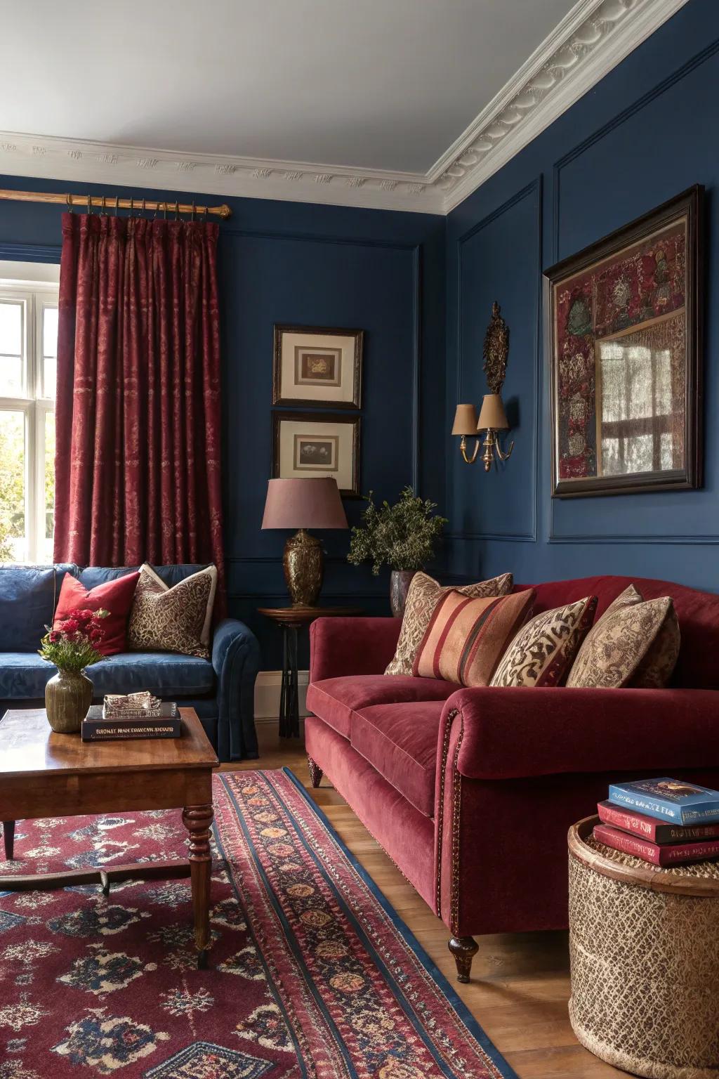 Daring complementary tones enhance the vibrancy of this traditional family room.