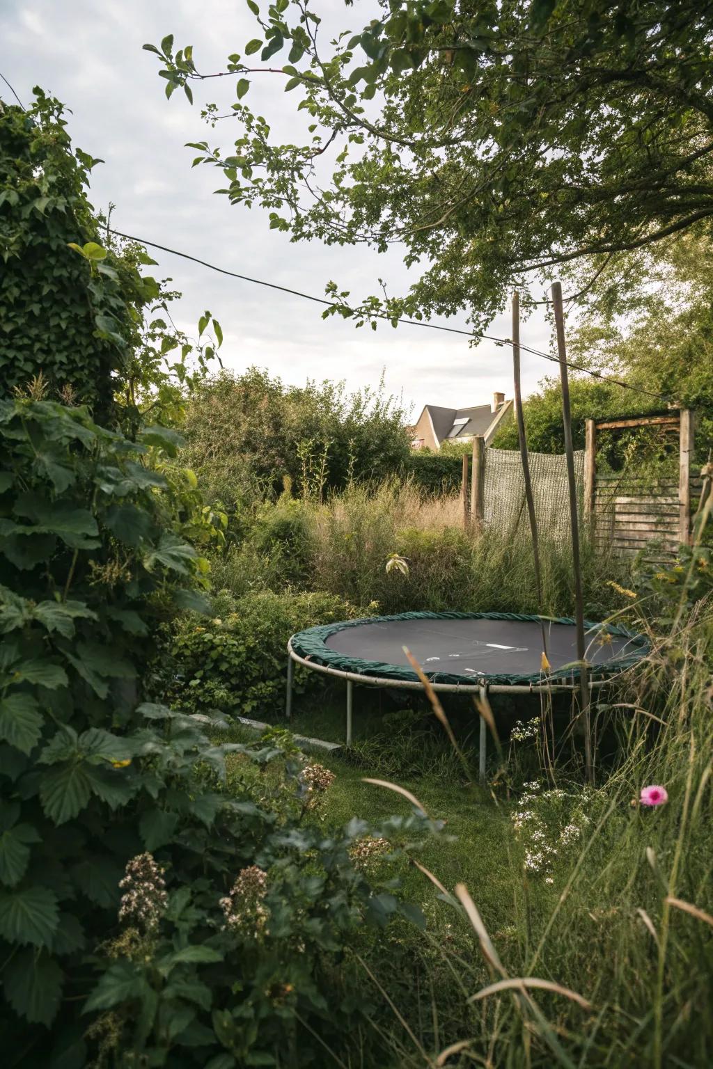 A secret garden retreat with a hidden bounce platform.