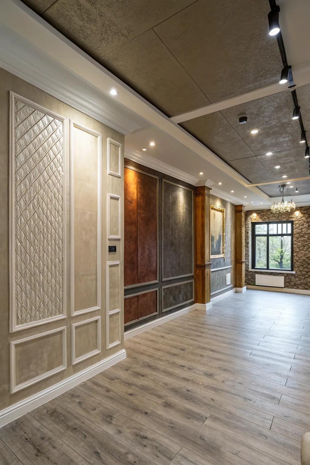 The room's dynamic feel is enhanced by the varied textures.