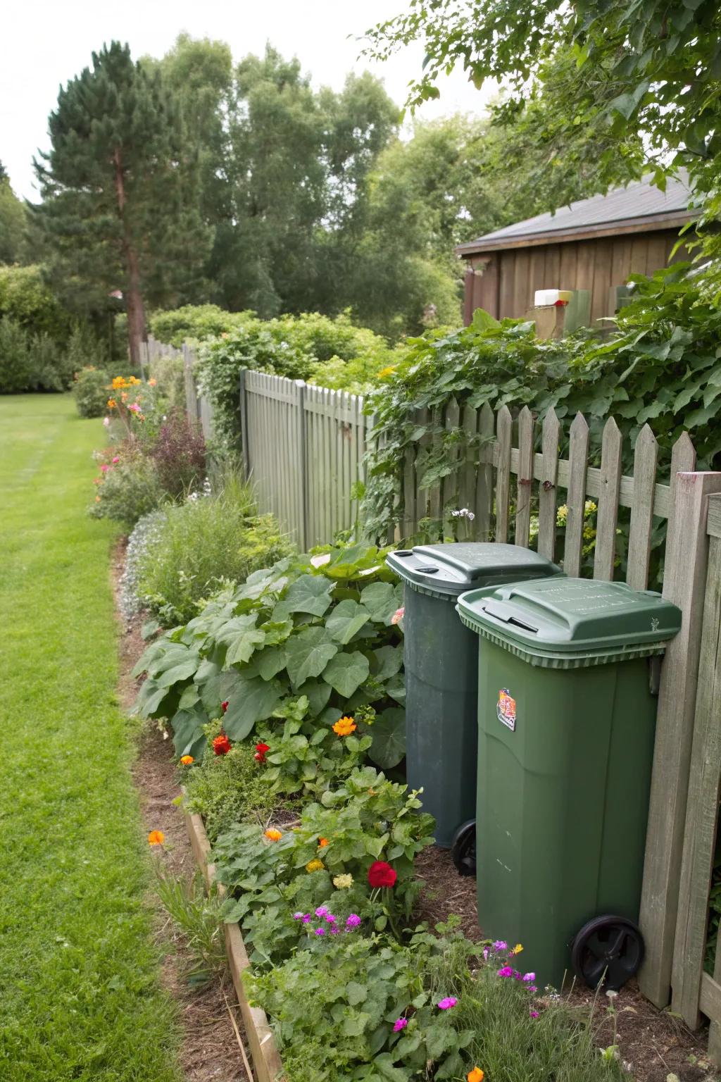A garden with privacy fencing discreetly hiding trash bins.