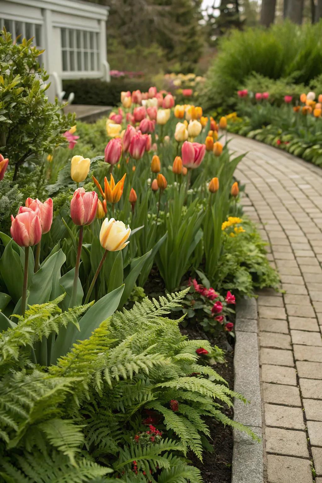 A garden bed with tulips and textured plants, creating visual interest.