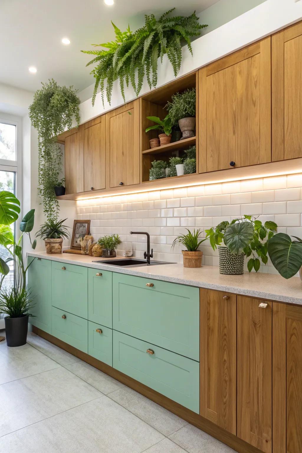 A fresh mint and wood kitchen that invites tranquility.