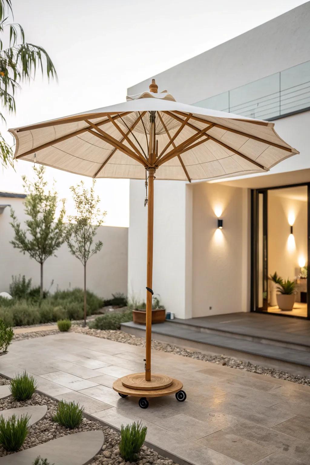 Embrace the art of mobility with our stylish freestanding umbrella, perfect for sun-drenched summer days.