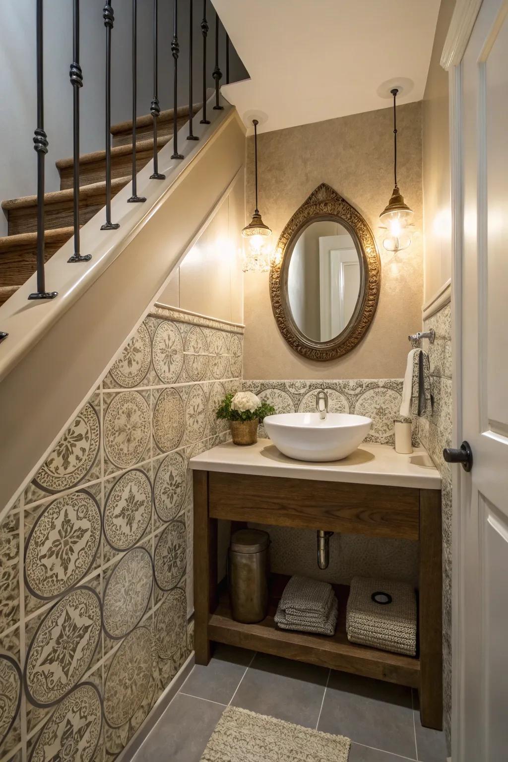 A compact powder room elegantly fitted under the stairs.
