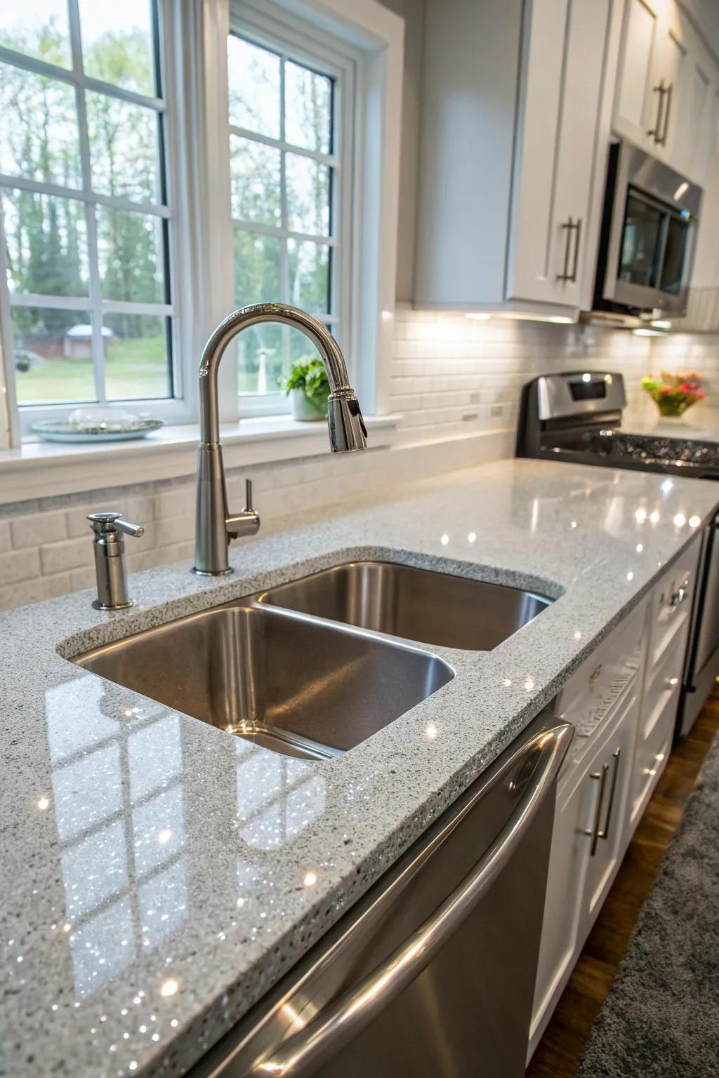 Easy-to-clean edges of an undermount sink in a sparkling kitchen.
