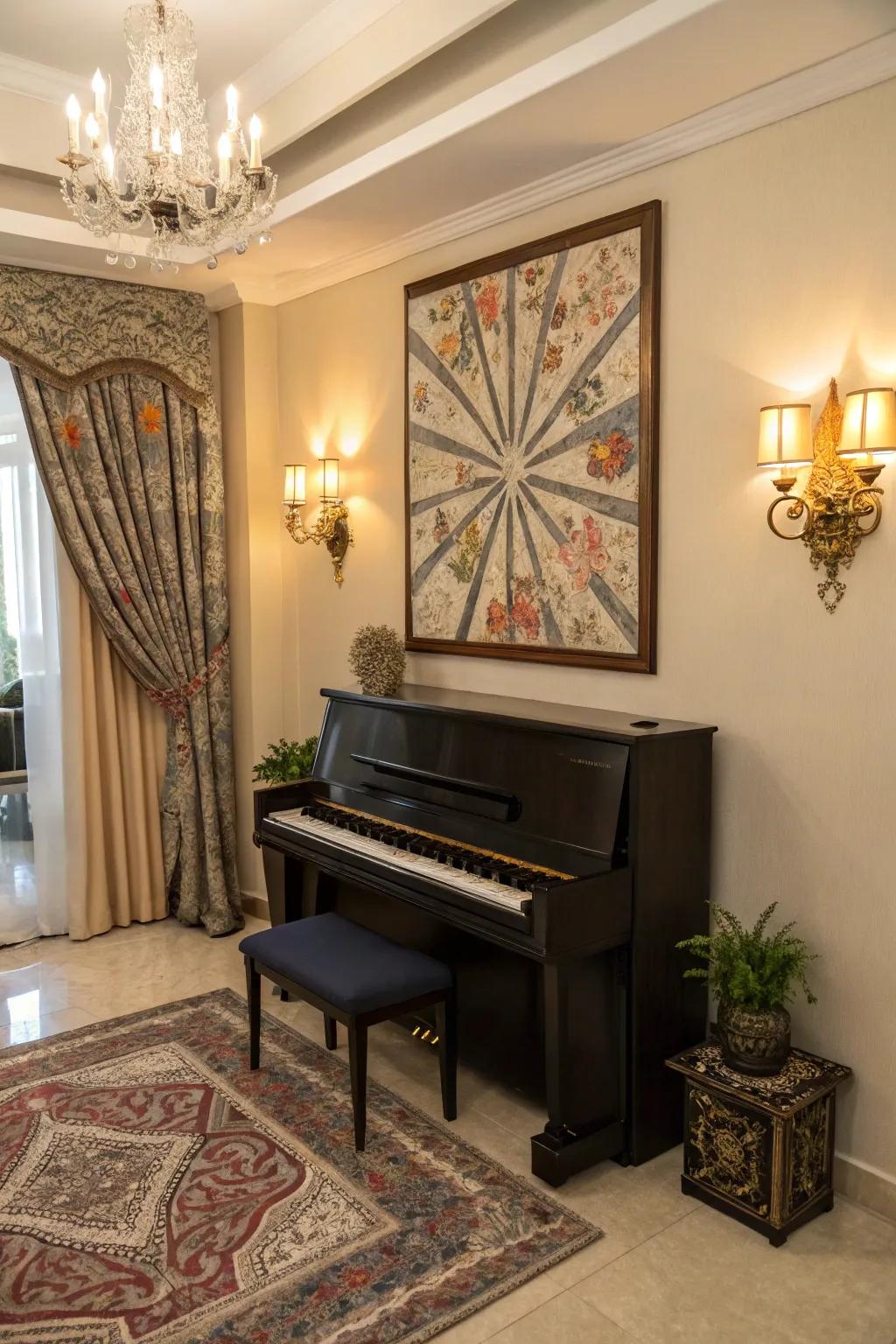 Make a statement with bold wall decor that highlights your piano.