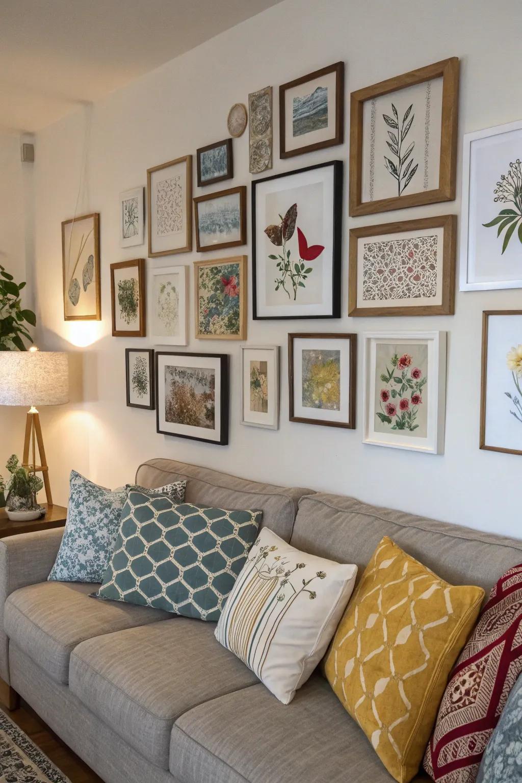 A curated wall display tells a visual story with art and frames.