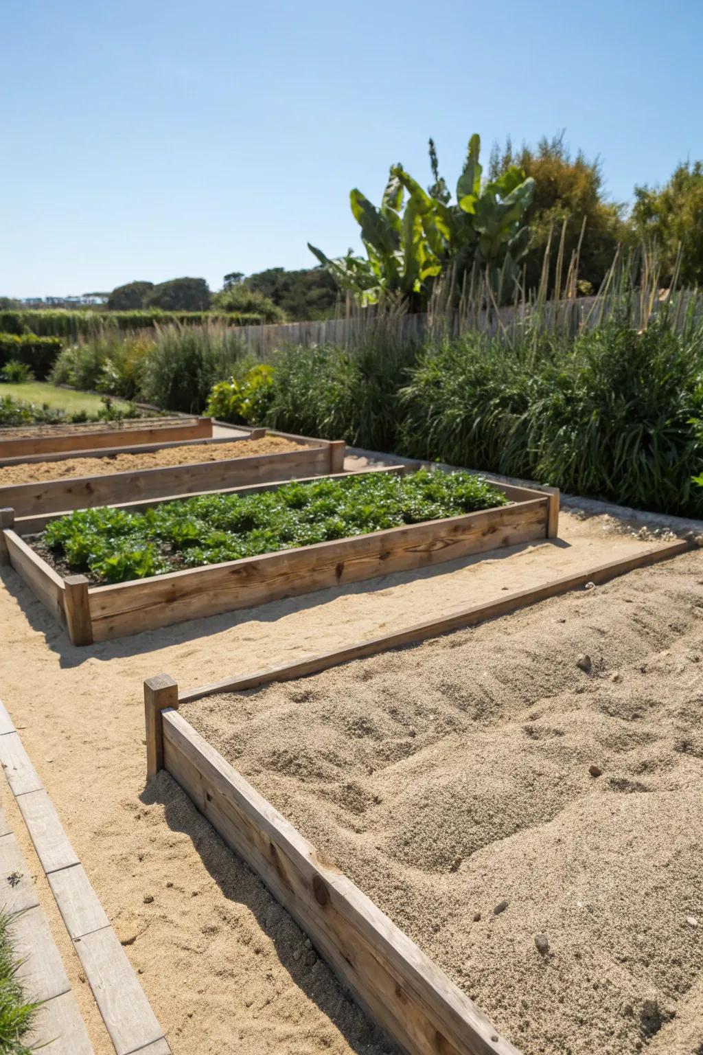 Sleek sand mulch for protected and tidy garden beds.