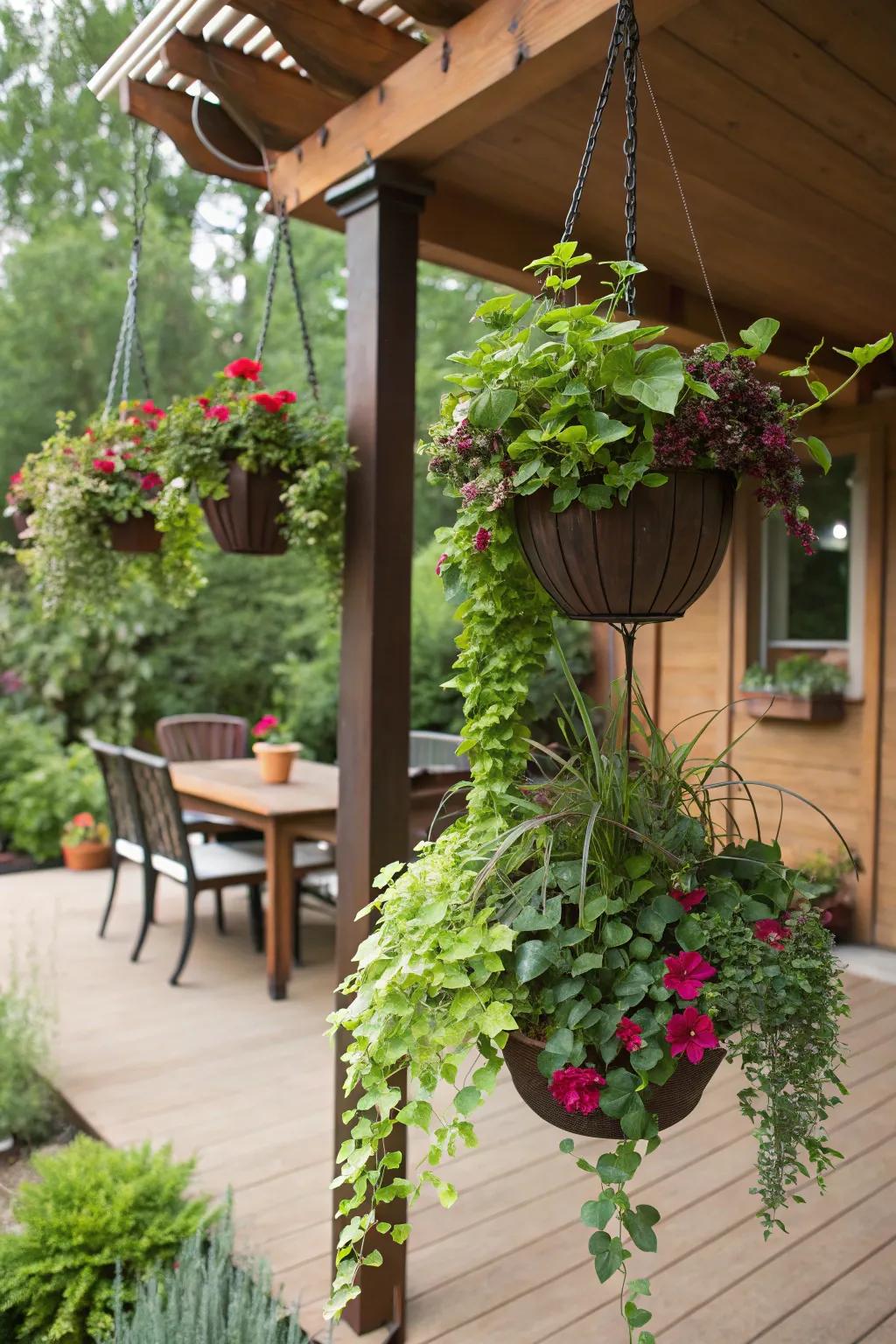 Hanging pots introduce a unique charm and visual interest to a patio setting.