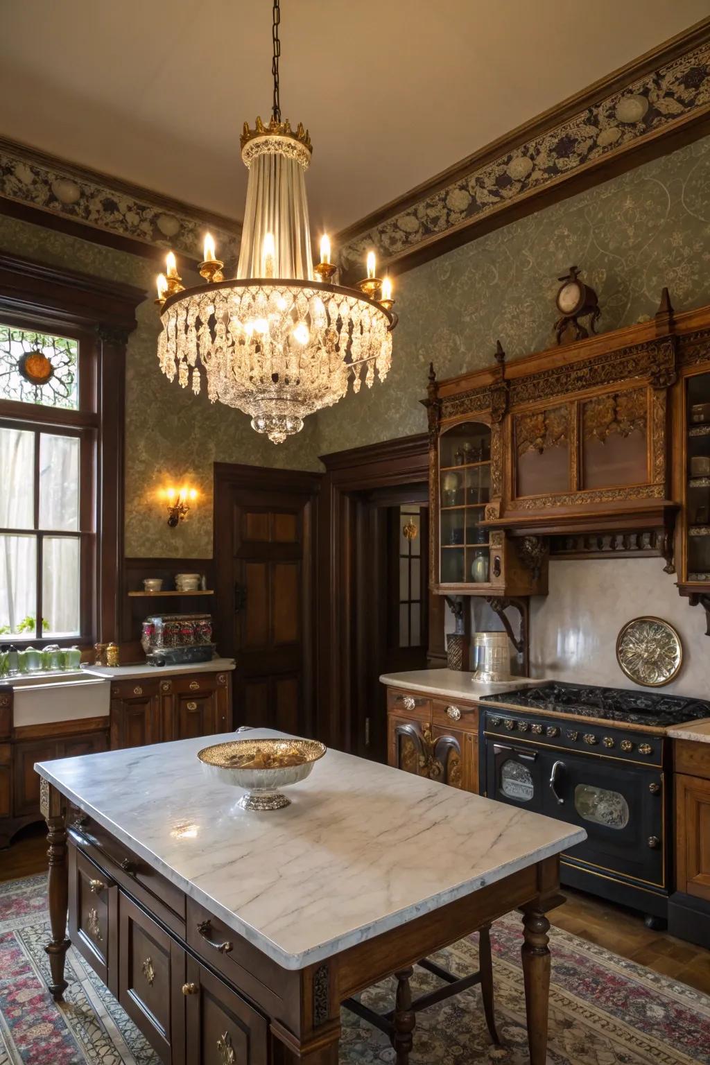 Era lighting brings historic charm to the Victorian kitchen.