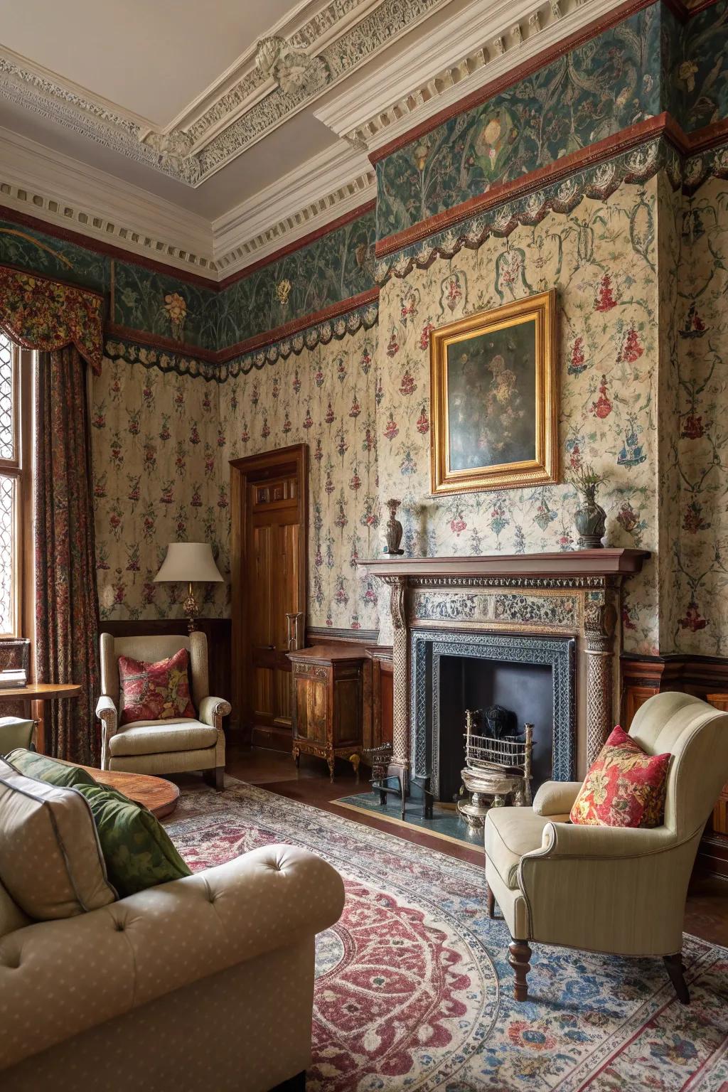 Decorative wallpaper turns walls into a canvas of Victorian artistry.