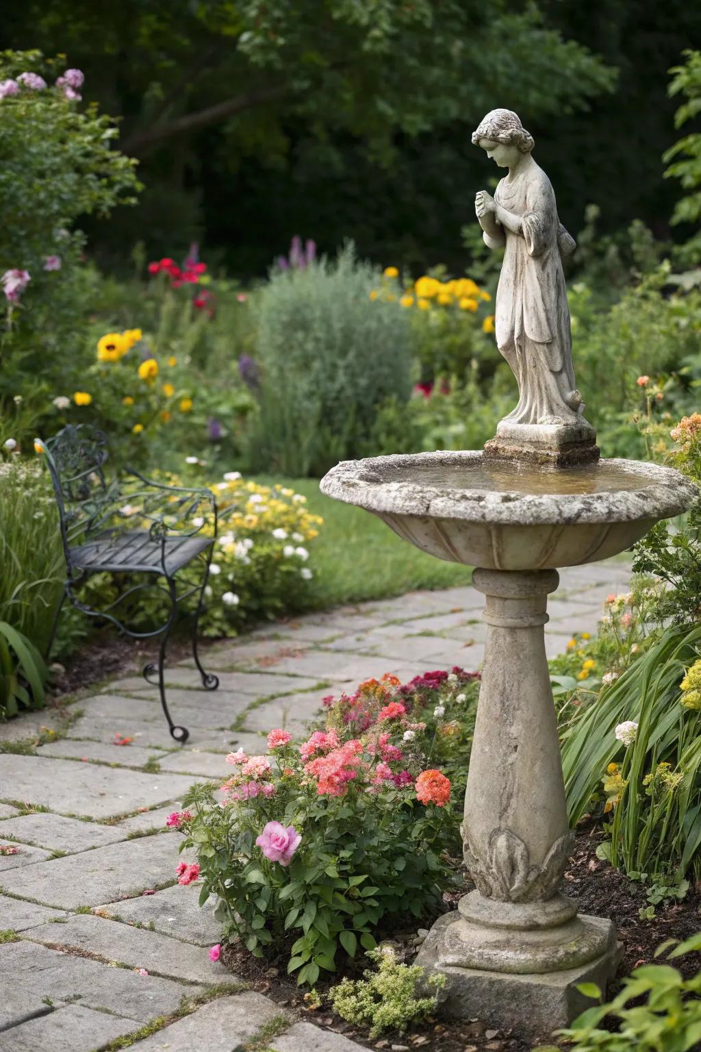 Statues and birdbaths lend a sophisticated air to gardens.