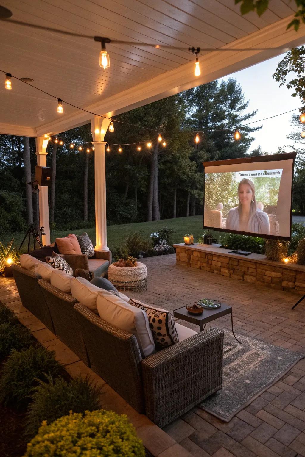An outdoor movie theater setup on a walkout basement patio.