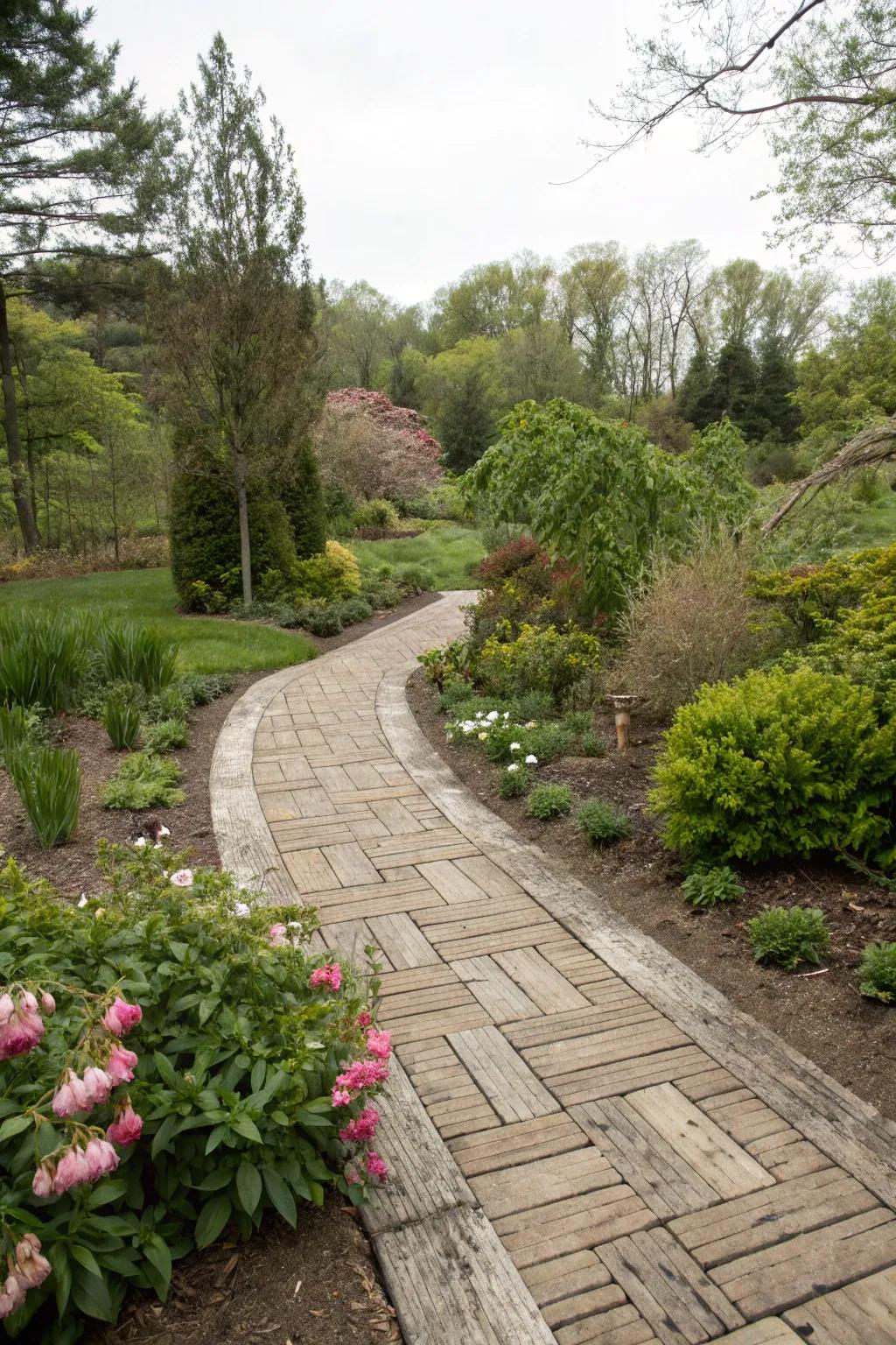 A natural-looking walkway using faux wood pavers that blend beautifully with the garden.