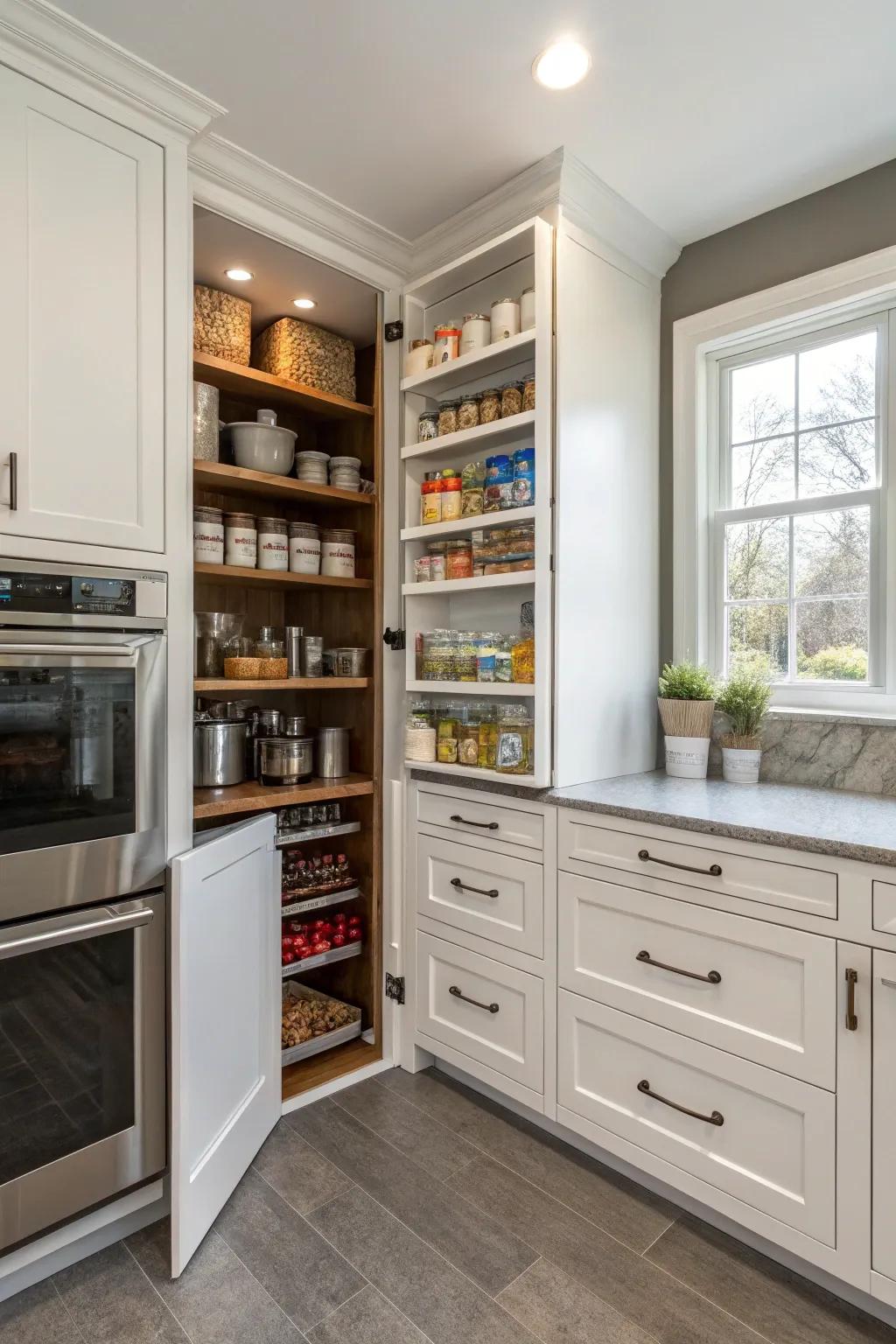 Optimizing unused areas into a functional pantry.