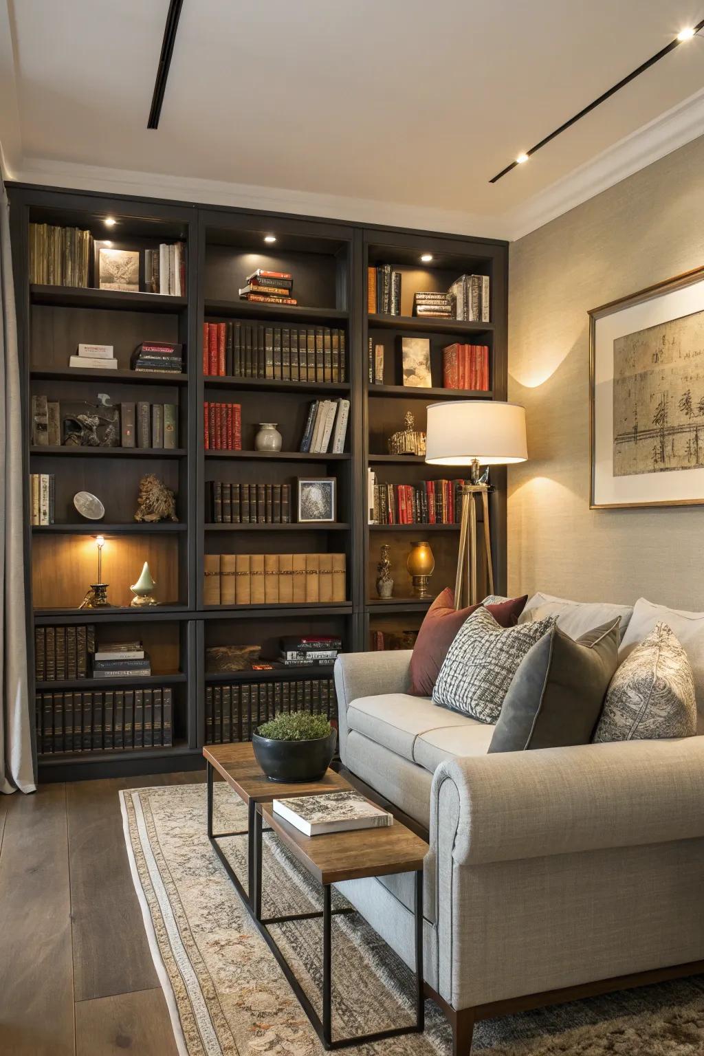 Through well-chosen displays, bookshelves give a living room color and character.