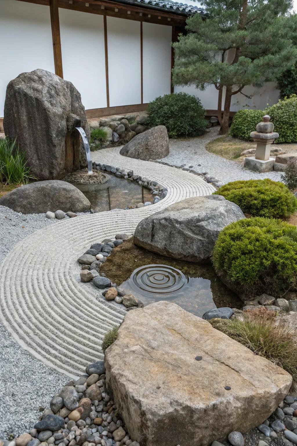 Meditative stone gardens combined with water features encourage serene meditation.